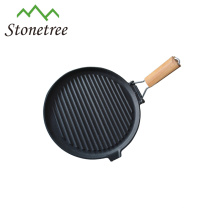 Cast Iron Skillet, Cast Iron Grill Pan With Foldable Wood Handle, Cast Iron Cookware